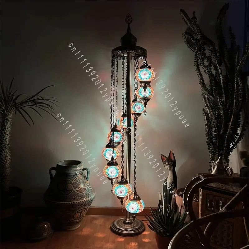 Mediterranean Retro 9 Globe Handmade Glazed Standing Decor, Ethnic Exotic Craft for Living Room Bedroom