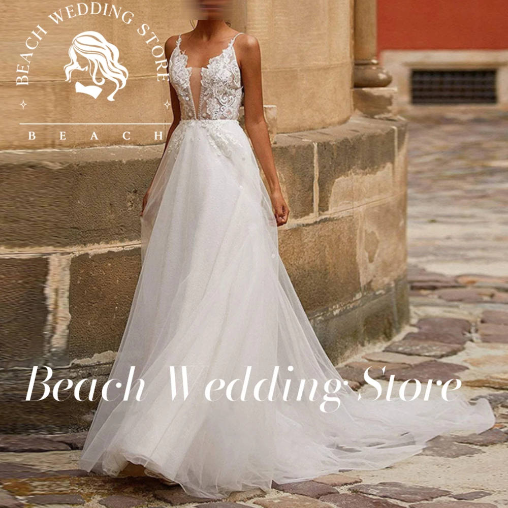 Abito da sposa sexy senza maniche personalizzato da spiaggia senza spalline applicazioni in pizzo che borda il treno senza schienale morbido tulle vestido