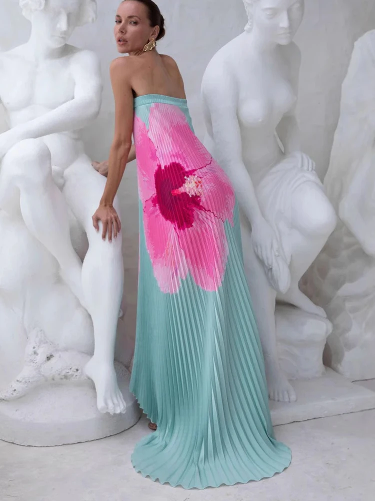 Moda damska lato 2025, elegancka i seksowna sukienka maxi w stylu boho z zakładkami, luźna, z dużym zamachem, z nadrukiem.