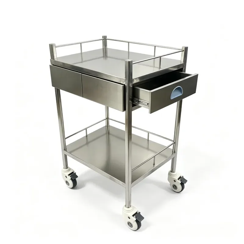 Stainless Steel Medical Resuscitation Cart Mobile Hospital Emergency Trolley with Single Drawer for Clinic Medicine Storage