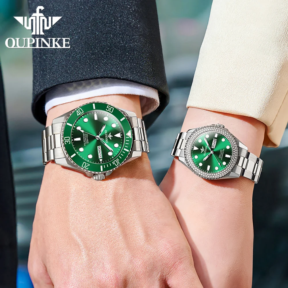 Reloj de pareja OUPINKE, reloj mecánico con movimiento importado completamente automático, serie de buceo de lujo, reloj de pareja Original para hombre y mujer