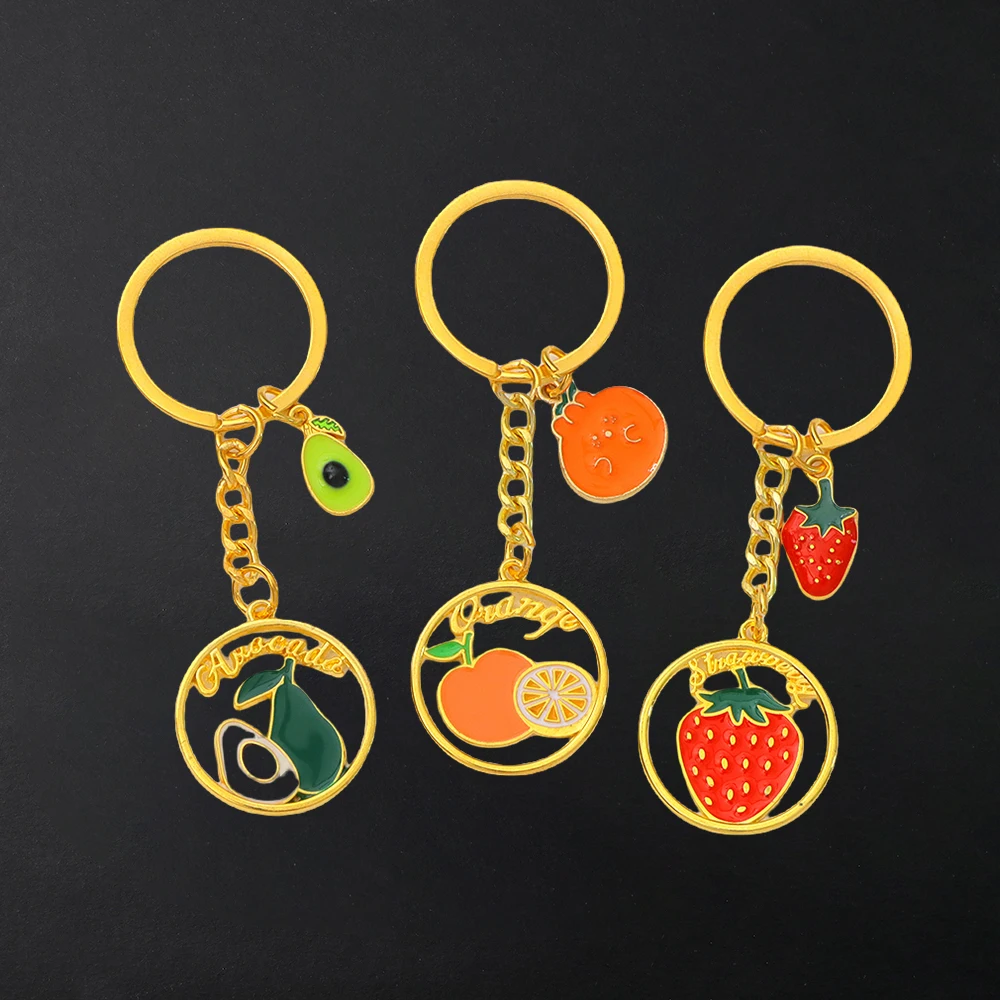 Creative Cherry Strawberry Oranges Avocado Keychain Gold Color Fruit Pendant Alloy Keyring Children Backpack Decor Friend Gift