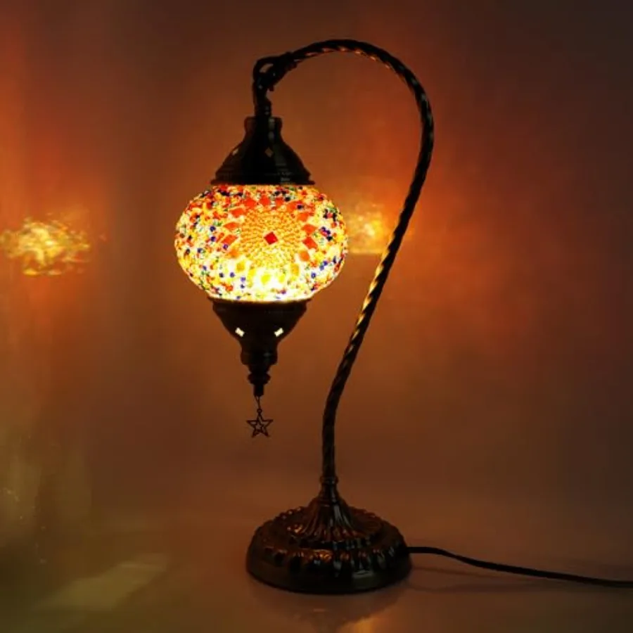 

Turkish Moroccan Lamp with 3 Color Options - Handmade Tiffany Mosaic Glass Bedside Lamp with Bronze Base Swan-Neck Nightstand L
