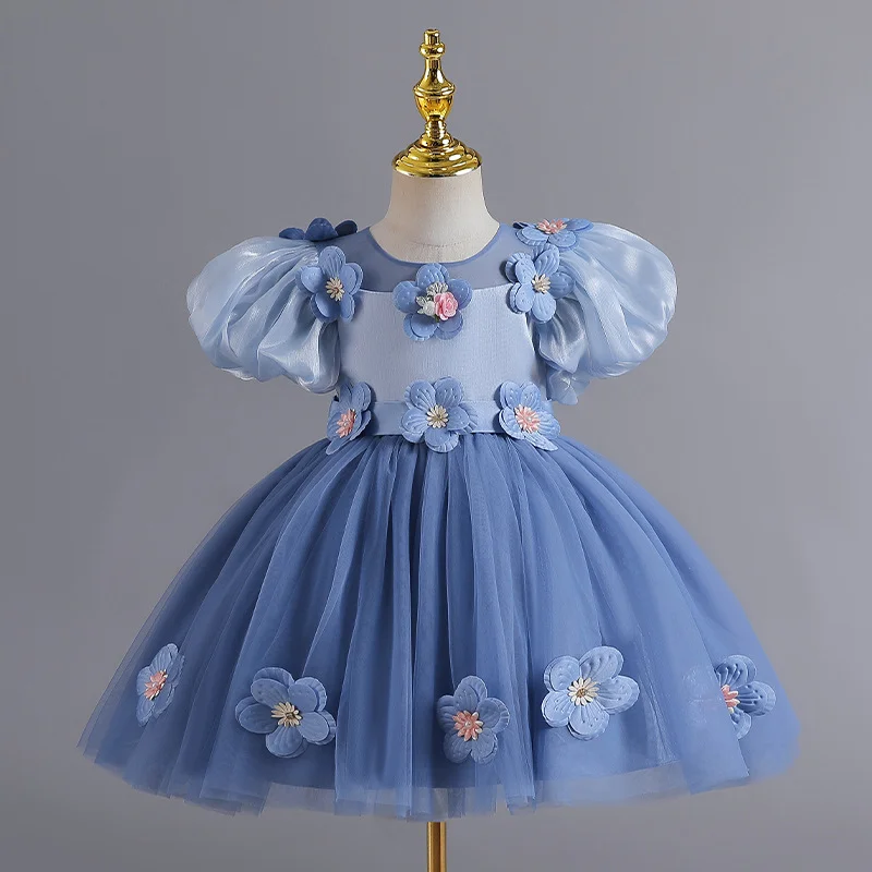 Vestido elegante de flores para niña, tul para boda, apliques de flores 3d, princesa hinchada, fiesta Formal de cumpleaños, vestidos de baile de primera comunión