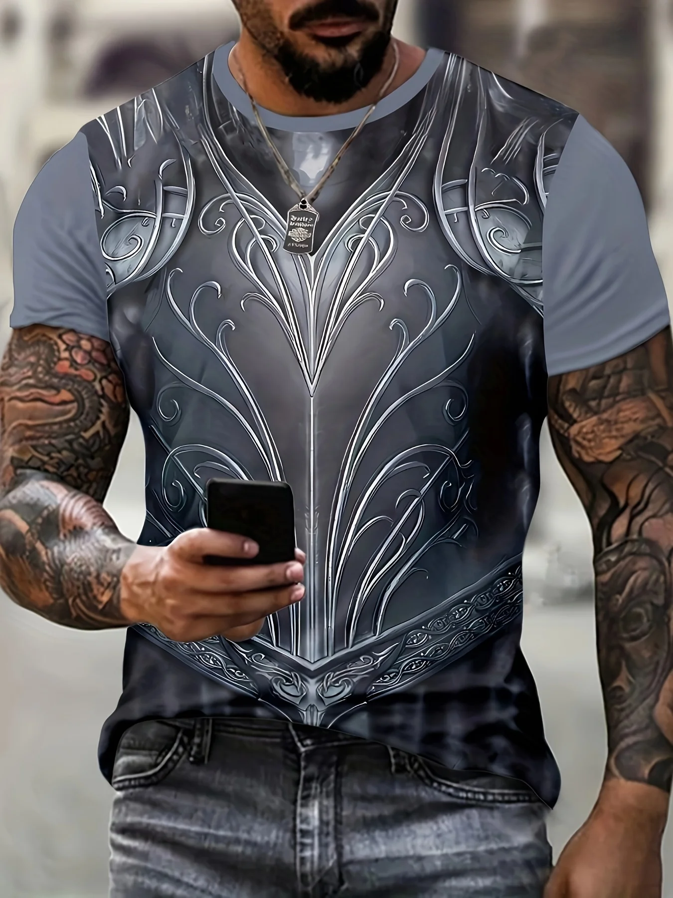 Men Light Gray Short Sleeve Dark Gray Symmetrical Retro Floral Carved Armor Print Crew Neck T-shirt
