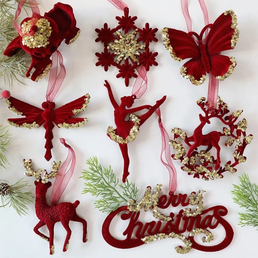 

Wine Red Christmas Tree Pendant Glitter Bow Flocking Xmas Tree Pendant Gold Sequin Butterfly Dragonfly Christmas Decorations