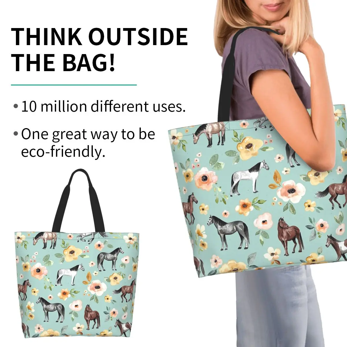 Horses With Flowers Sunrise Floral Decor Shopping Tote Bag Canvas Large Capacity Shoulder Bags Shopper Grocery Handbag for Women