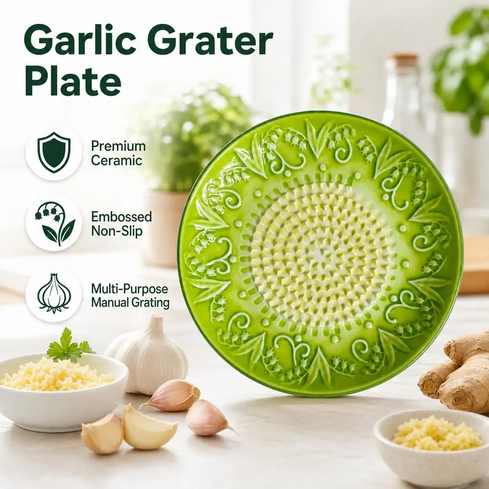 Plato Rallador de Cerámica con Diseño Floral para Ajo, Jengibre, Tomate, Aceite de Oliva y Más - Set de Utensilios de Cocina