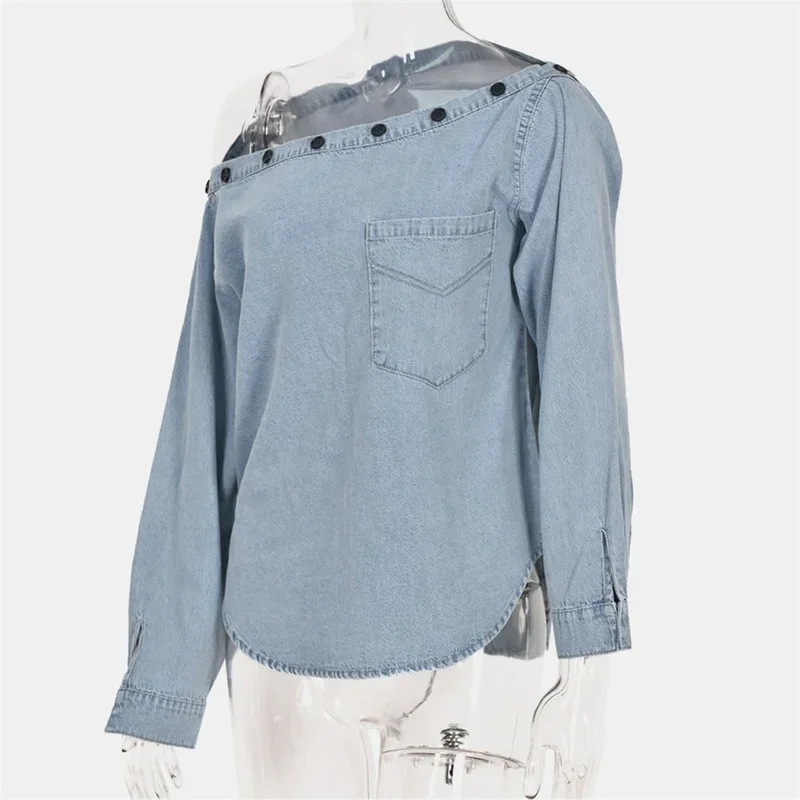 2024 Spring and Summer Denim T-shirts for Streetwear Fashion Patchwork Design Button Decor Slash Neck Long Sleeve Casual Tops