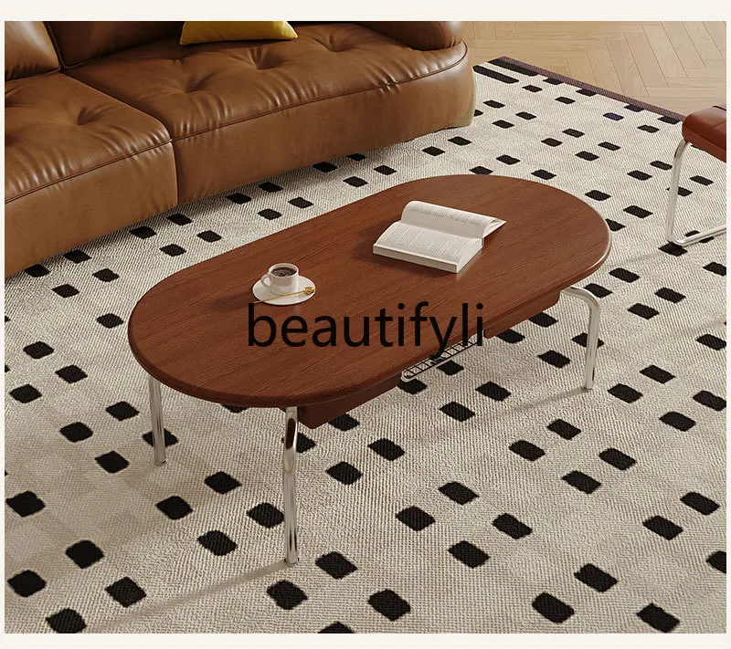 French retro solid wood coffee table living room household small apartment tea table American simple oval coffee table