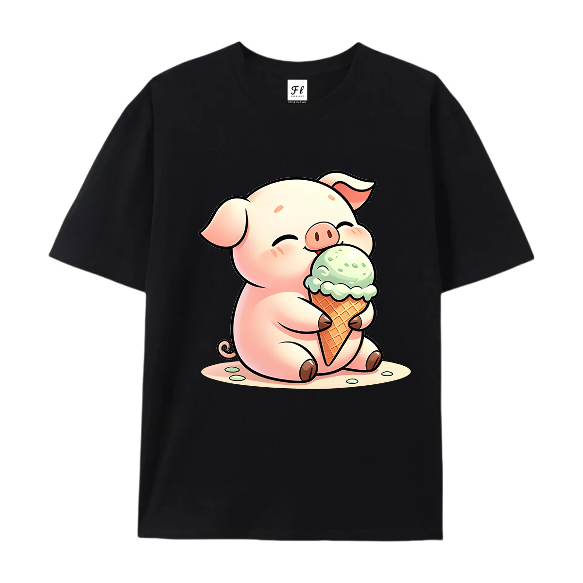 Women Men Cartoon Pig Holding Ice Cream Graphic T Shirt Summer Casual Short Sleeve Cotton Tee Sweet Animal Print Fashion Top