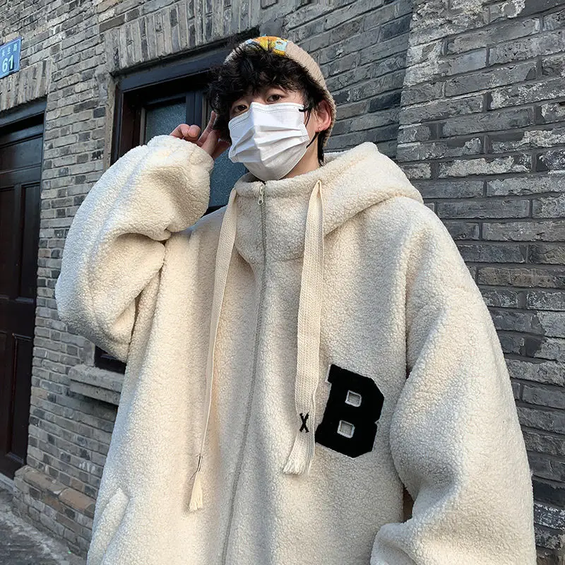 New letter B lamb cashmere cotton coat y2k men and women\'s autumn and winter fashion brand loose hooded thickened warm coat