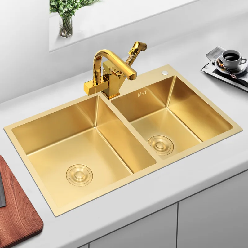 Modern Luxury Golden 820*450mm 800*450mm Kitchen sink Double sink High Quality SUS304 Stainless steel Kitchen sink Brushed Gold