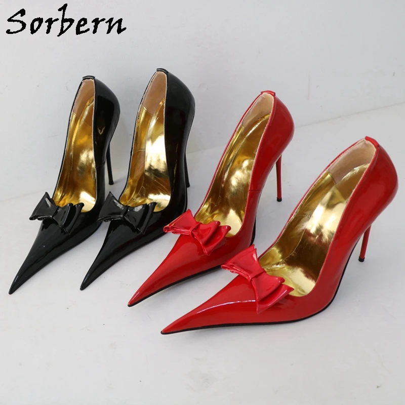 Sorbern Red Shiny Bowknot Women Pumps Long Pointed Toe Slip On Stilettos 12Cm Cigarette Heels Custom Colors Fetish Pump Footwear