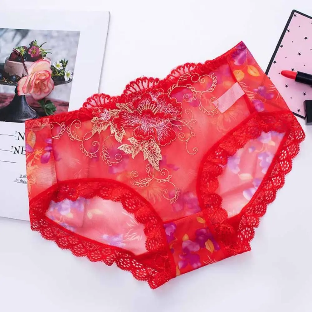 

4Pcs Sweet Mesh Lace Flower Underpants Transparent Plus Size Lace Seamless Briefs Mid Waist Panties Underwear for Women Lady