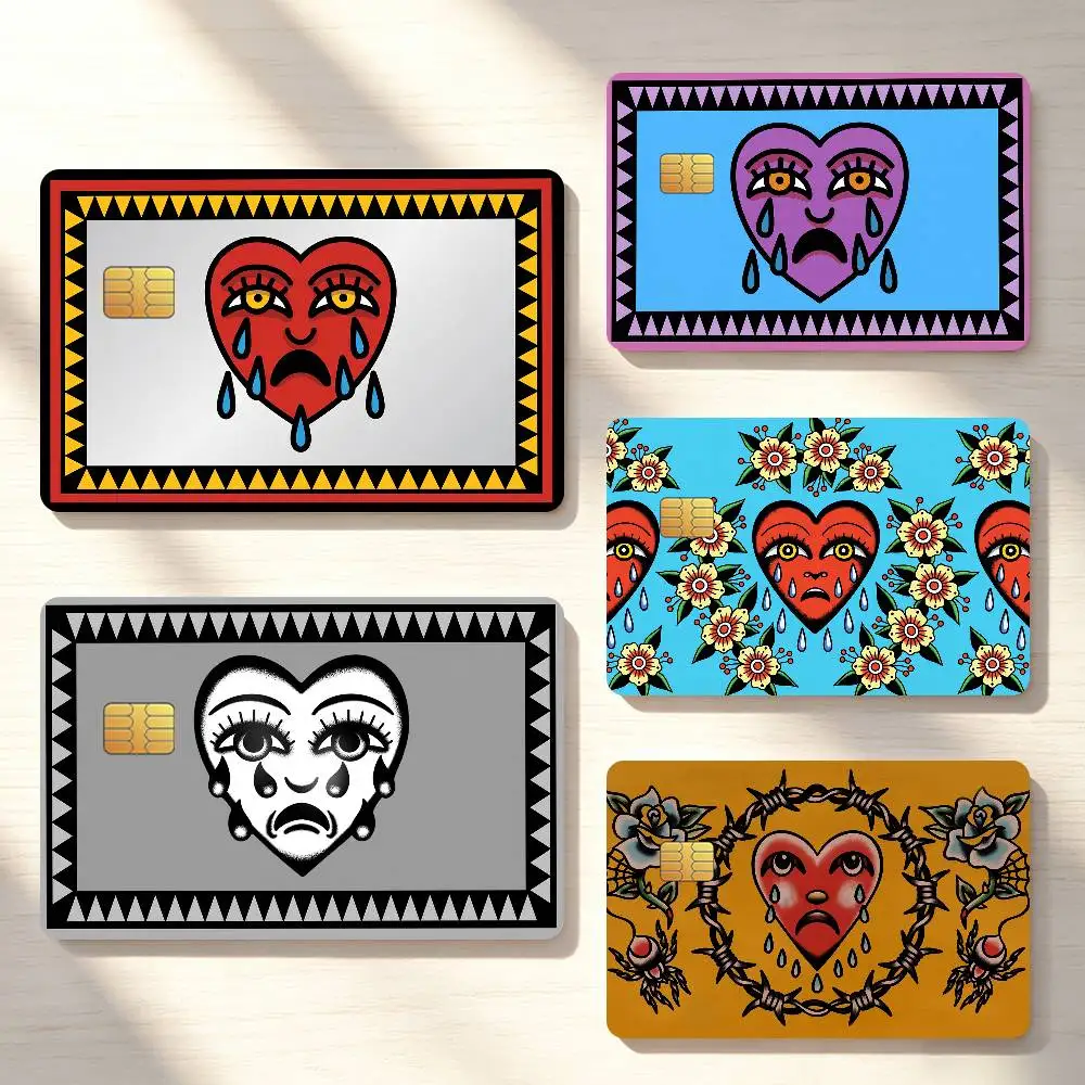 Crying Heart Tattoo Style Credit Card Skin Stickers For Bank Bus Metro Cards Waterproof Anti-Scratch Gift 4PCS