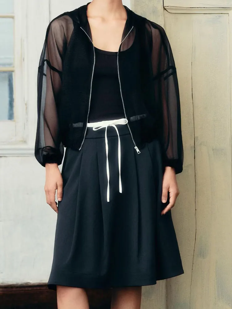 

2025 New Women's Clothing European and American Style Casual Simple Translucent Long Sleeve Hooded Jacket