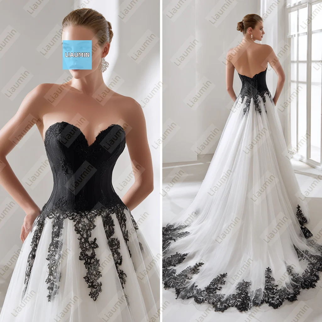 

Modern Style White Tulle With Black Lace Applique Strapless Prom Formal Wedding Dresses Evening Lace-Up Back Customized A7-1.4