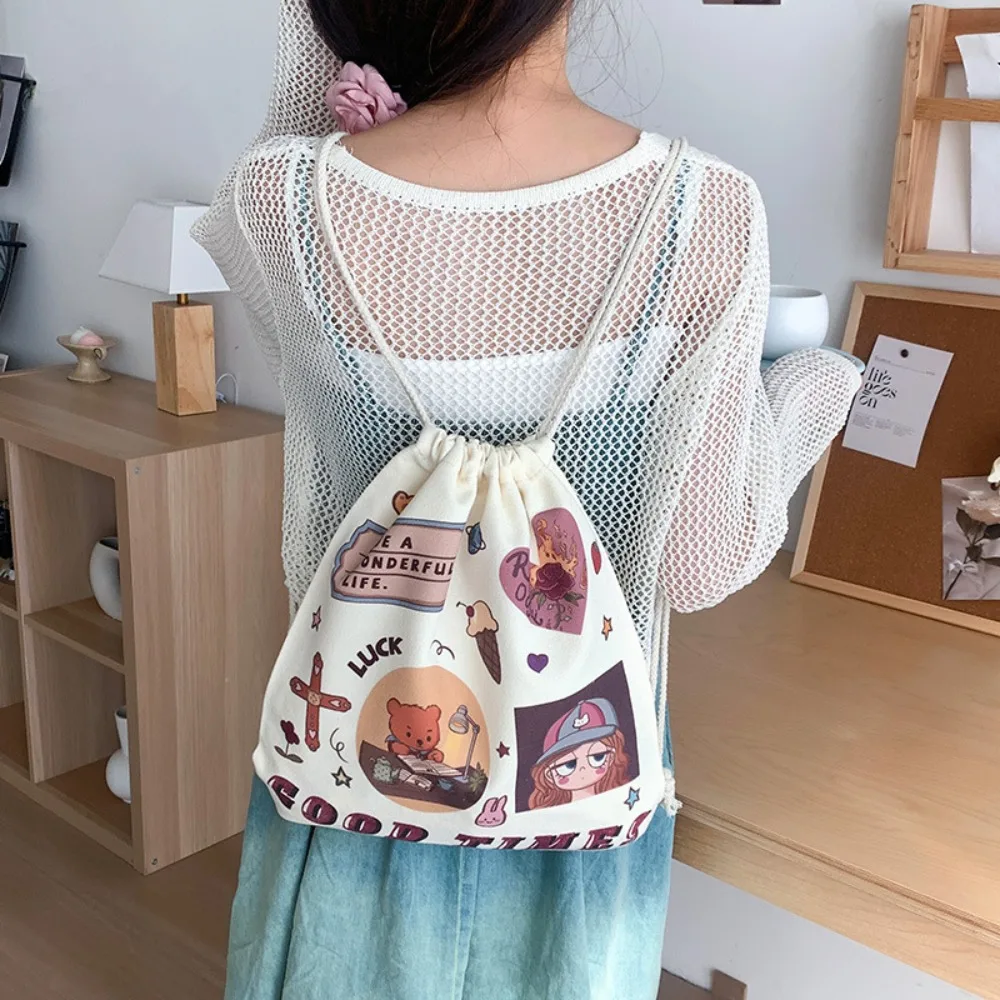 

Fashion Large Capacity Women's Backpack Canvas Cartoon Pattern Drawstring Bag Wear Resistant Students Backpack Travel