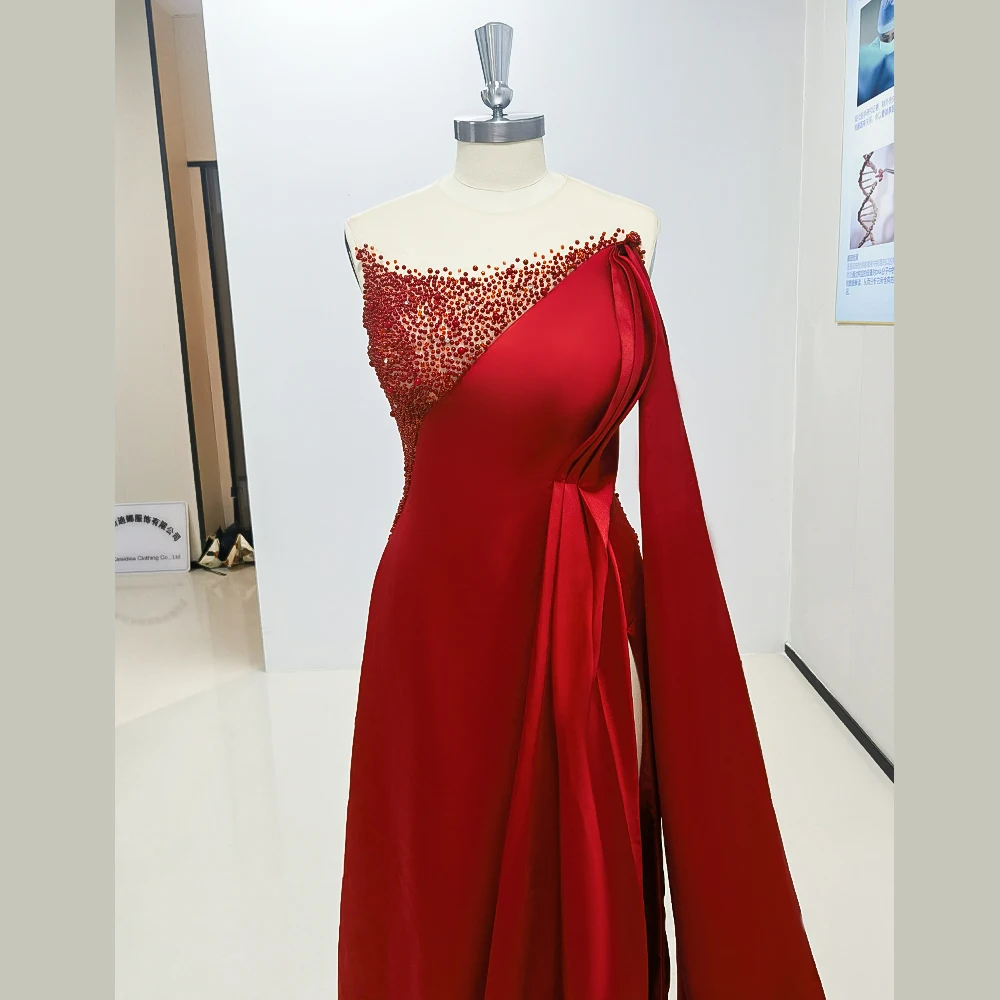 Red Beading Backless A-Line Evening Dress With High Slit New Fashion Female Floor Length Party Prom Ball Gowns