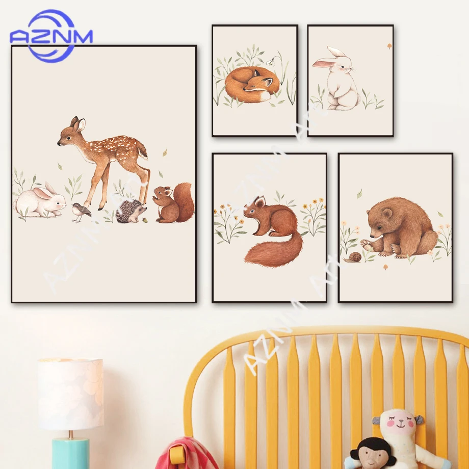

Постеры с мультяшными животными: лиса, олень, кролик, белка, медведь, листья. Минималистичные принты на холсте, настенные картины для гостиной, домашнего декора.