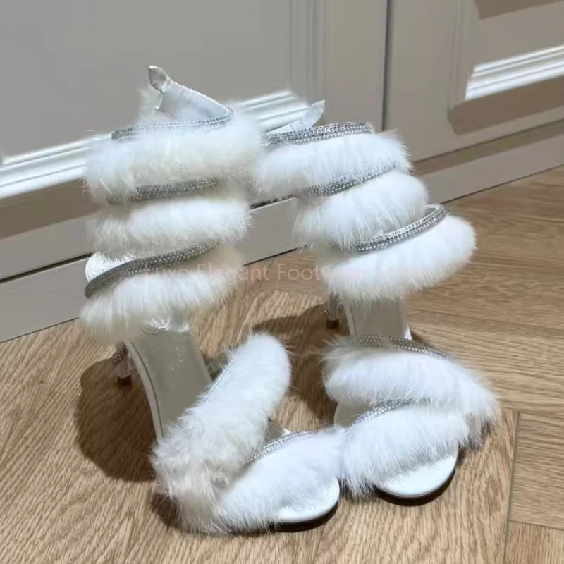 

Black Rhinestone Snake Wrap Slingback Pumps Women White Fur Open Toe Thin High Heels Sexy Luxury Party Wedding Dress Lady Shoes