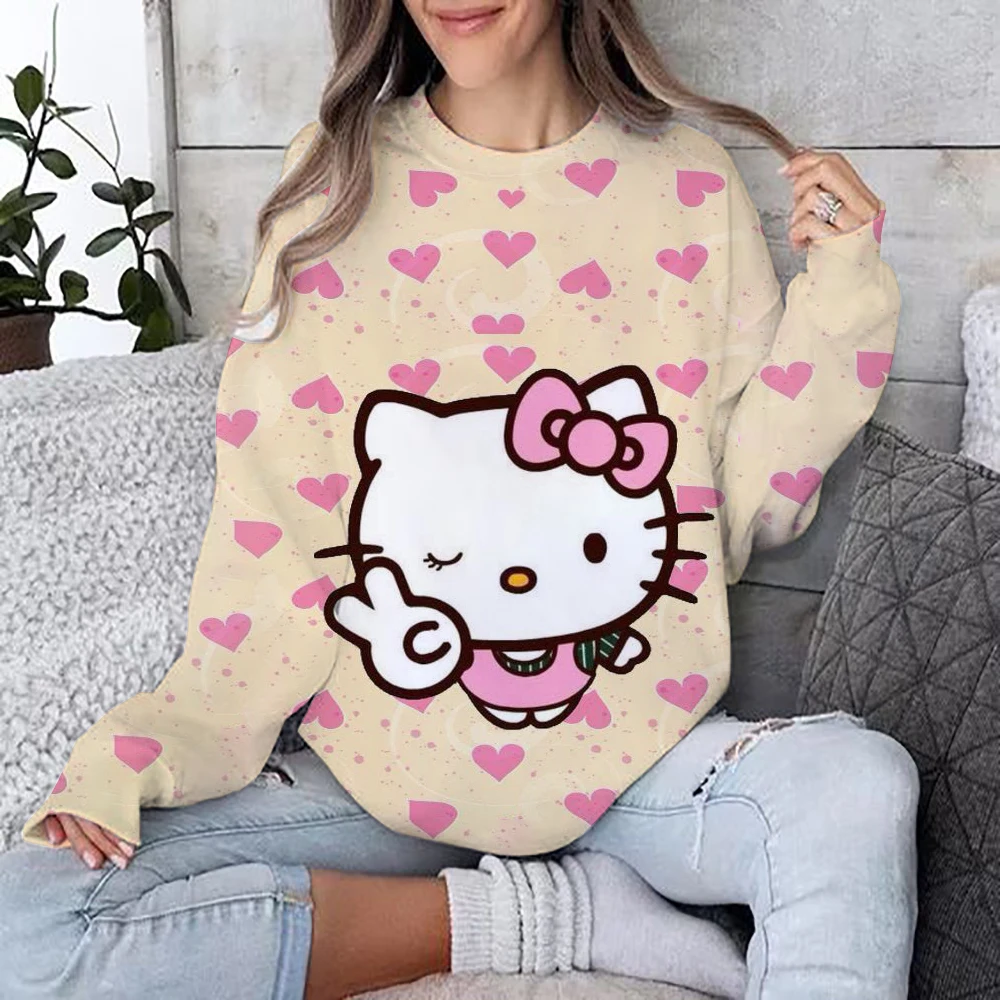 Street casual women\'s sportswear Hello Kitty Kuromi cartoon print hoodie, loose and soft pullover sweater, round neck woolen swe