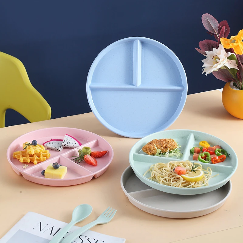 

Fruit salad plate Environmental friendly wheat straw partition plate Divided quantitative tableware Dim sum three grid plate