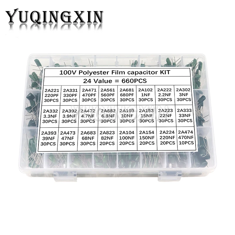 

660pcs 24Values Polyester Film Capacitor Assortment Kit 100V 2A471J 2A102J 2A103J 2A223J 2A104J 2A154J 2A474J Capacitance Set