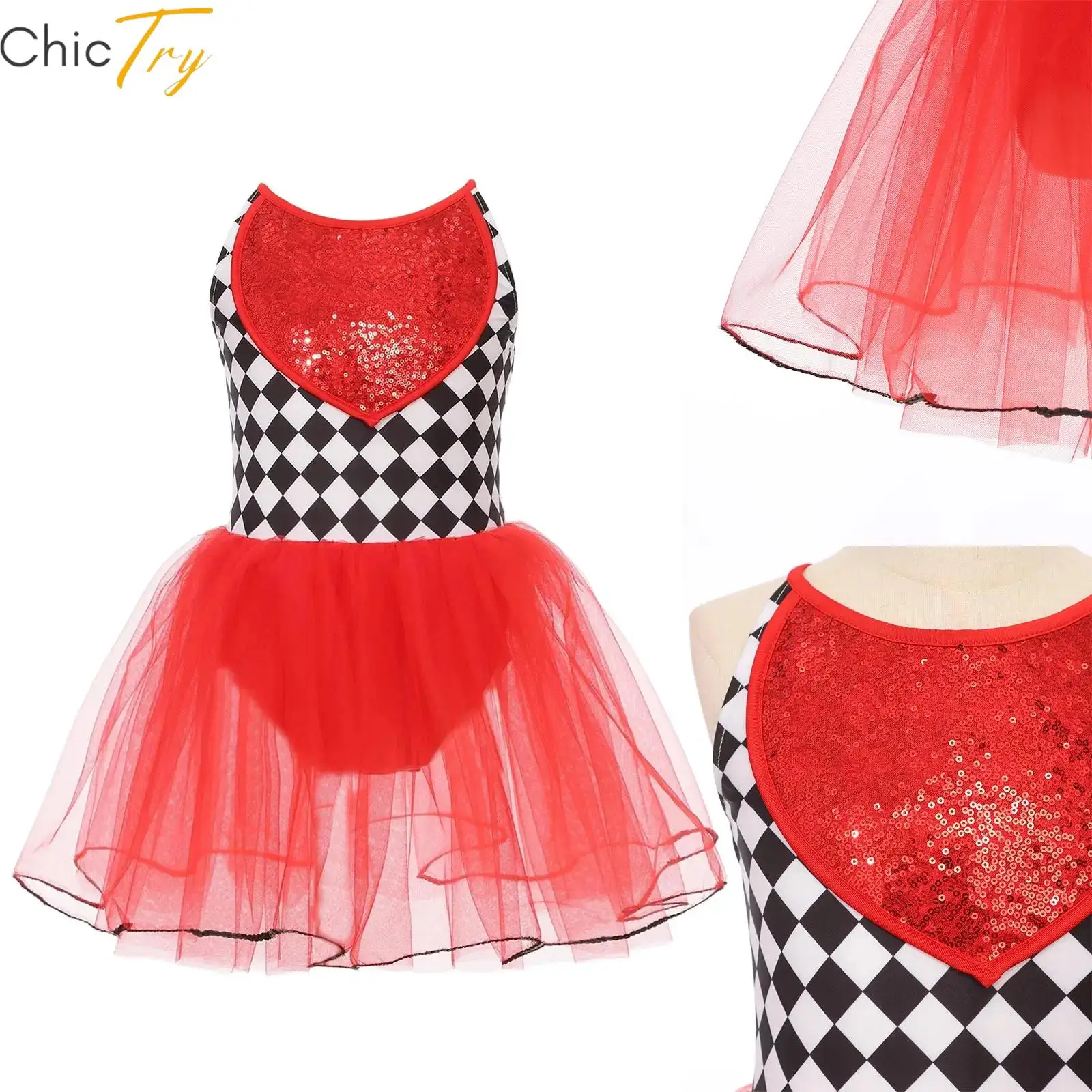 

Childrens Movie Character Cosplay Costume Halloween Princess Cami Dress Girls Sequins Checkerboard Tulle Tutu Role Play Dress Up