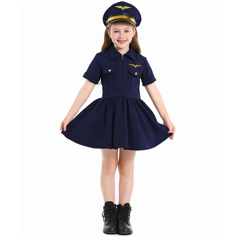 

Color Foreign Trade Children's New Models, Girls Cosplay Professional Experience Clothing Dark Blue Pilot Dress Captain
