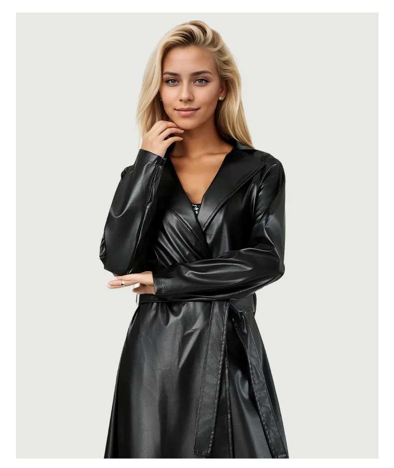 Mandylandy 윈드 브레이커 봄과 가을 주름 방지 트렌치 자켓 패션 여성 가죽 아웃웨어 PU 코트 자켓