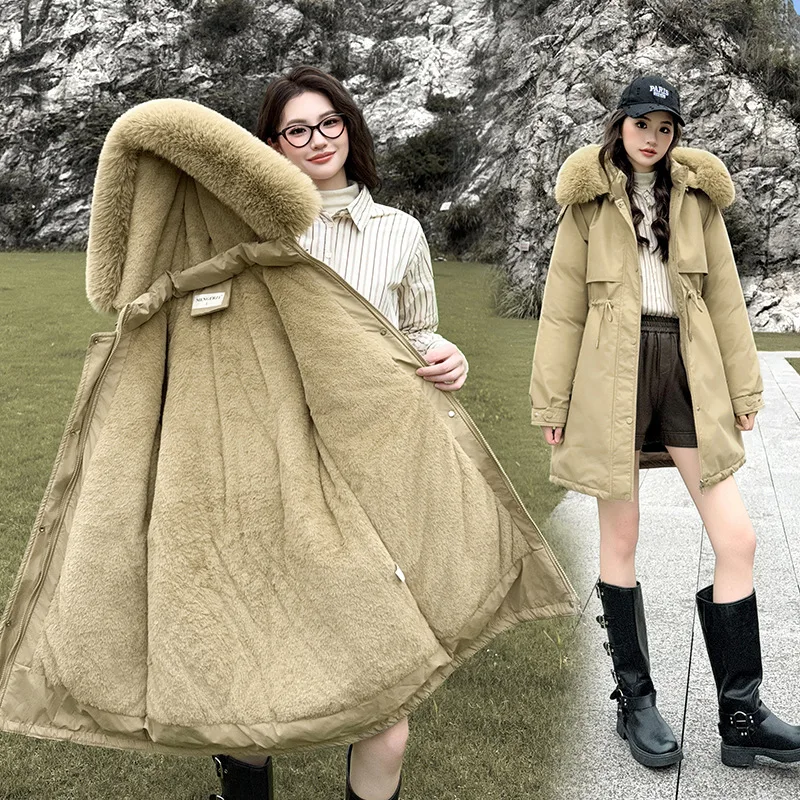 Parka da donna aderente in vita Autunno Inverno Moda Collo in pelliccia Giacca ispessita foderata in pile Tasche larghe con cerniera Capispalla in cotone