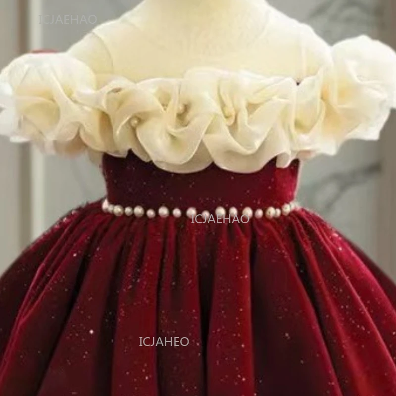 Christmas Princess Pageant Dress Wine Red Girls Host Piano Recital Performance Fashion Show Gown Party Formal Evening New Year