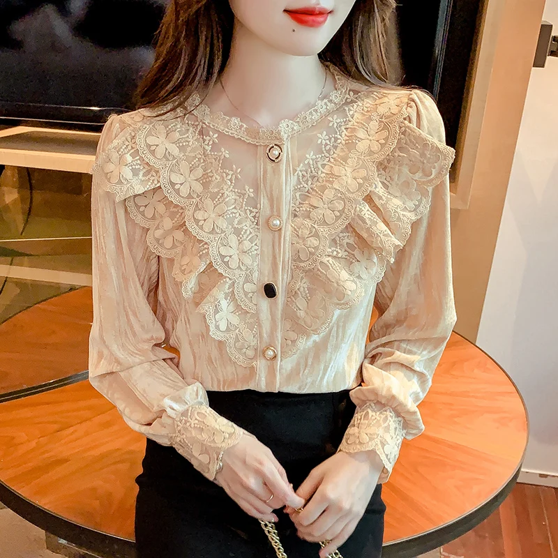 New Korean Fashion Ladies Lace Stitching Shirts Blouses Casual Women Tops Female Woman Button Up Shirt Girl Long Sleeve Blouse 2