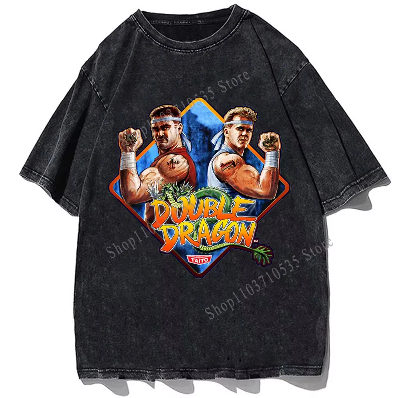 Game Double Dragon Graphic Printed T-Shirt Vintage Cotton Oversize Tshirt Summer Men Casual Short Sleeves Streetwear T Shirt