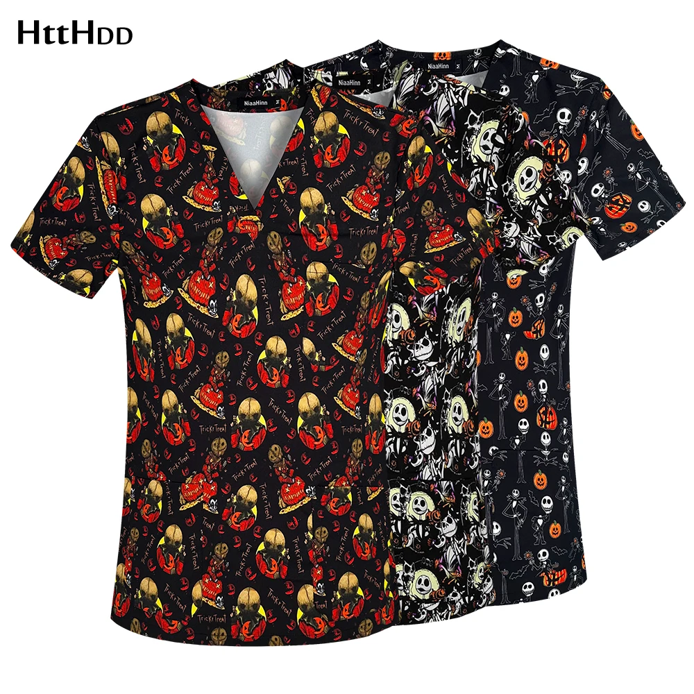 

Medical Clothing for Women Unisex Halloween Shirt Printed V-Neck Short Sleeves Tops Fashion Healthcare Clinic Hospital Scrub Top