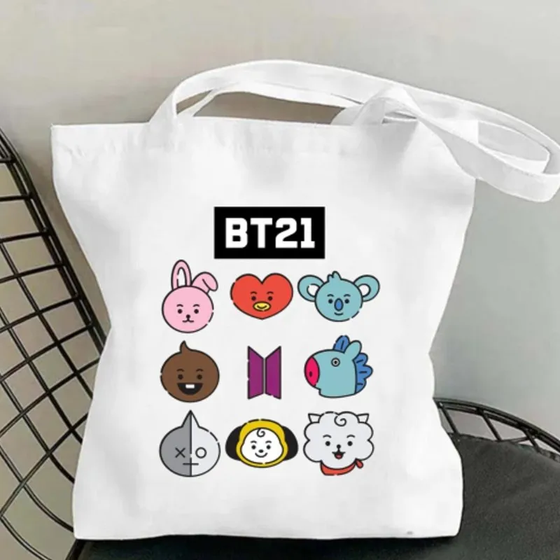 BEAST KINGDOM Cute BT21 Kpop Women Shoulder Bags Casual Handbag Tote Bag Large Capacity Cotton Shopping Bag