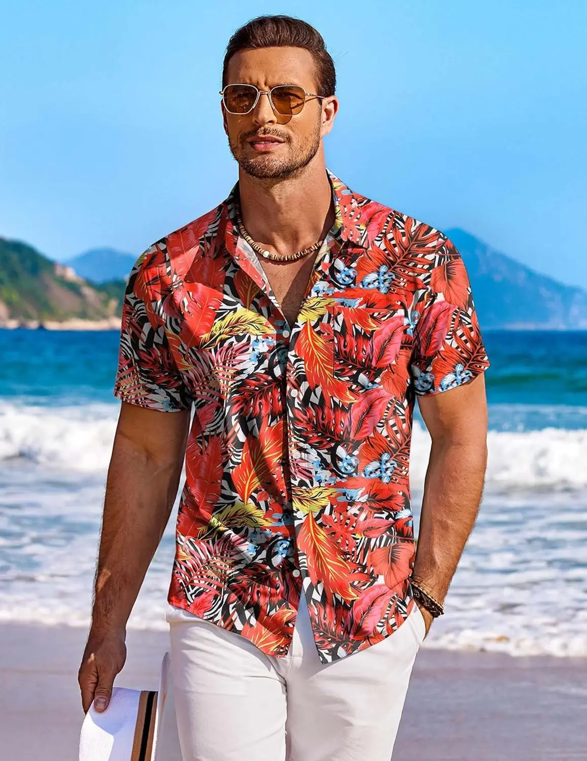 

Men's Tropical Print Short Sleeve Button- Shirt - Vibrant Palm Leaf Design, Casual Summer Beachwear, Lightweight Polyester Fabri