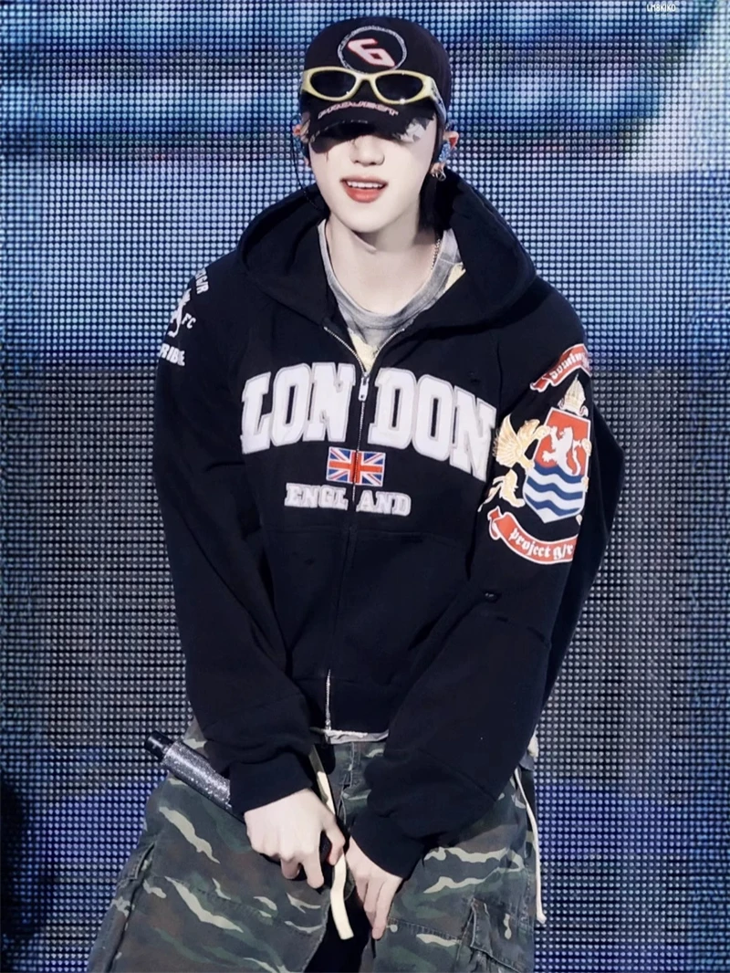 

Washed Splice Hole Damaged Project Letter Embroidery Patch Label Hoodies Men Women Chest Flag Sleeve Badge Print Hooded Jacket