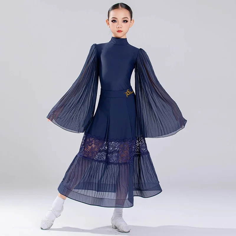 2025 Ballroom Dance Clothing For Girls Lace Mesh Long Sleeve Dress Big Swing Samba Chacha Tango Kids Modern Latin Dress DN21878
