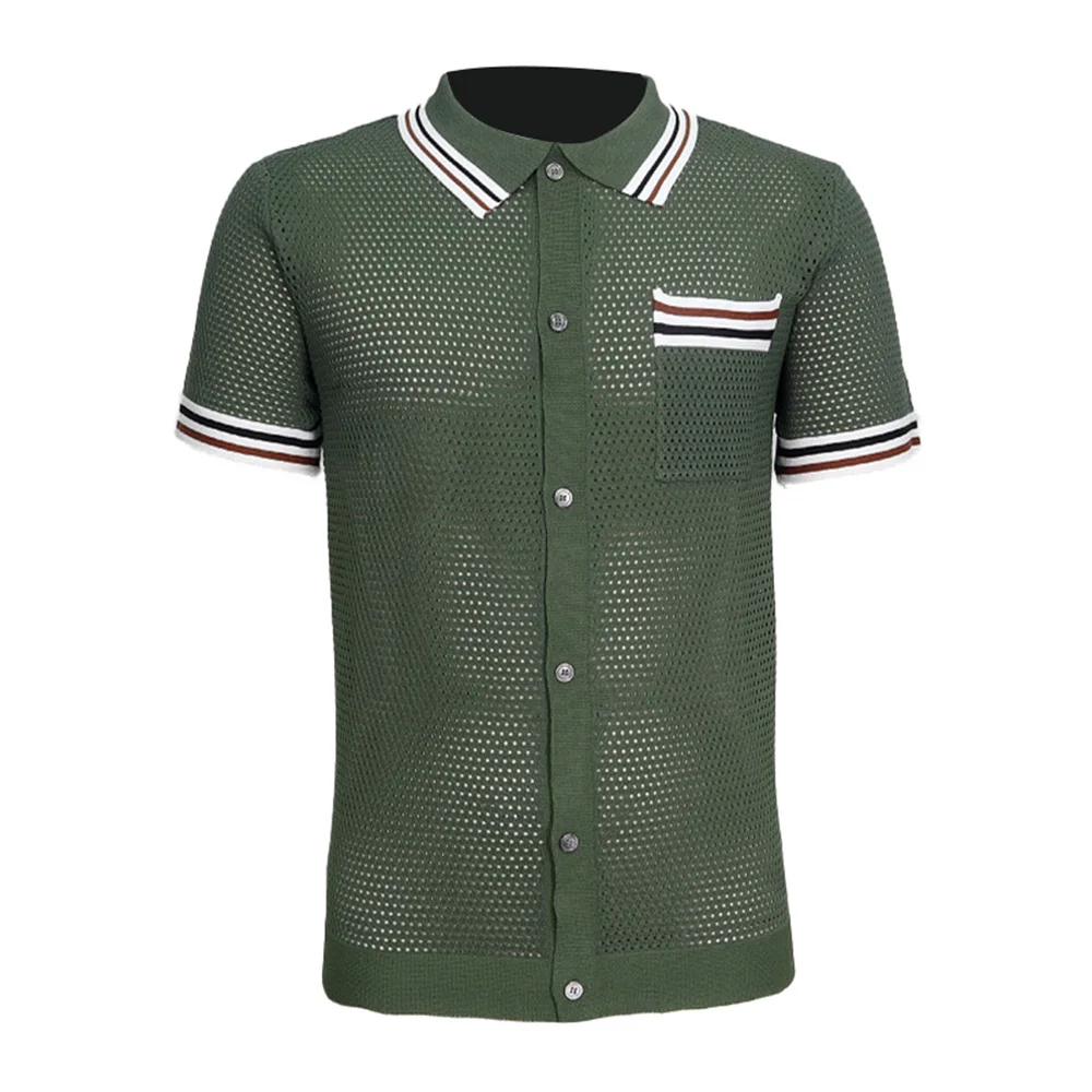 Heren Shirt Holle Ademende Gebreide Vest Polo Shirt Gestreepte Randen Gelaagd Design Moderne Zomer Heren Top Korte Mouw 2024