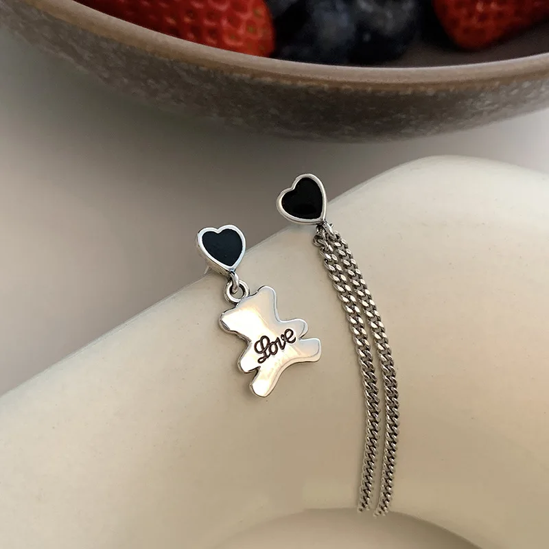 Sweet Little Bear Animal & Love Heart Asymmetrical 925 Silver Needle Female Tassels Stud Earrings Jewelry For Women Gifts