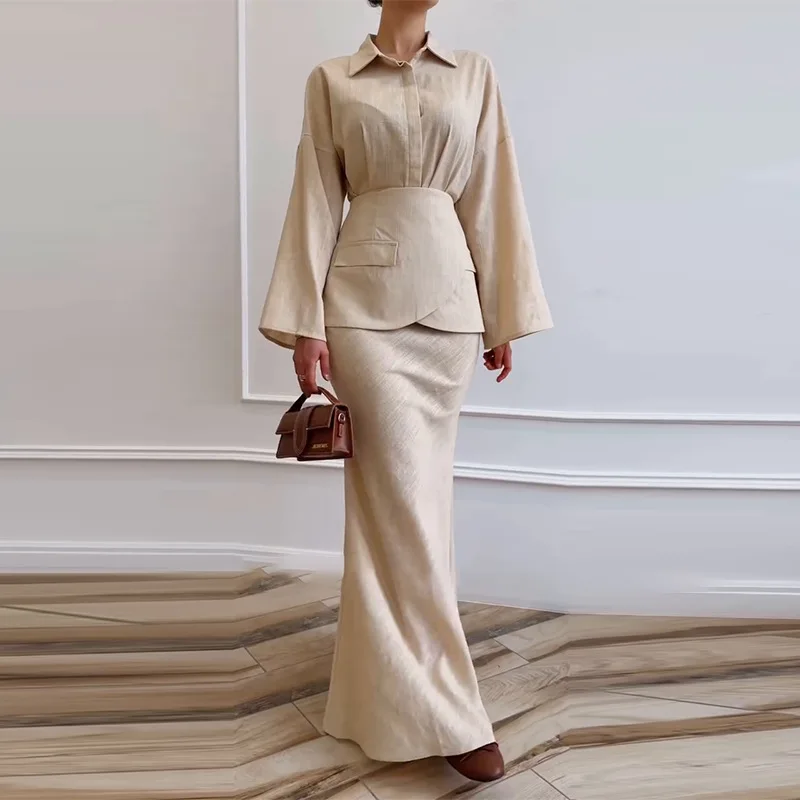

Three Piece Set Women Outfit 2026 Spring Temperament Fashionable Turn-Down Collar Long Sleeved Shirt & Slim Fit Long Skirt Set