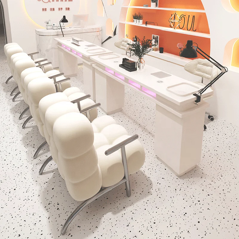

Luxury Salon Furniture Full White Double Nail Table and Chair Modern Manicure Table with Vacuum Cleaner