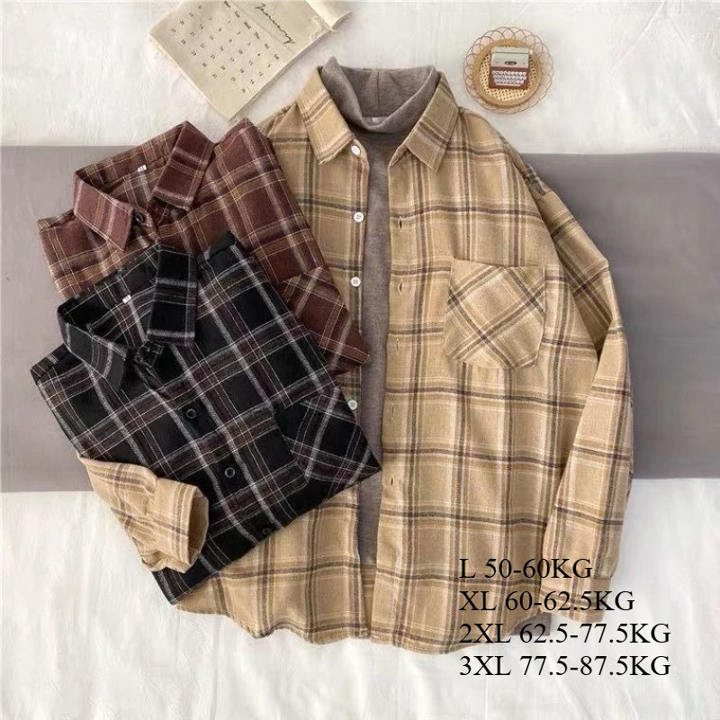 Geruite overhemden Vintage oversized overhemd met knopen en lange mouwen Koreaanse mode Casual knoopblouse met enkele rij knopen Herfst uitloper tops