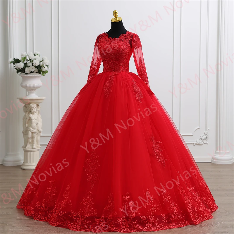 Y&M V Neck Full Sleeve Customize Plus Size Vestido De Noiva 2025 Wedding Dress Floor length Appliqes Bridal Tulle Mariage