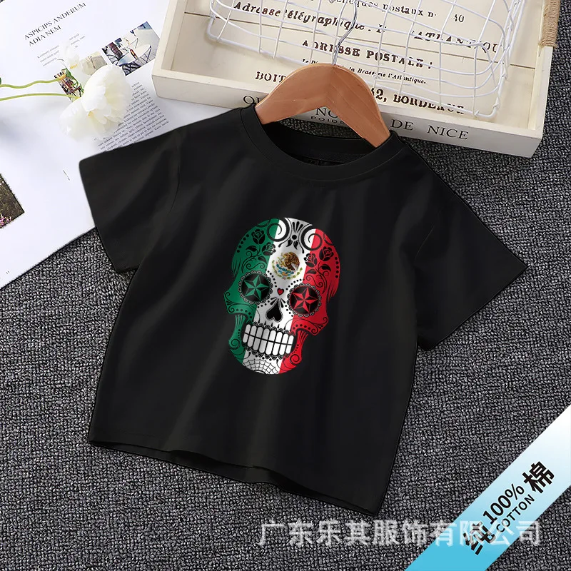 Camiseta de manga curta infantil, Esqueleto Americano, Desenhos Animados, Roupa Básica para Menina, Roupa Infantil, Novo, Verão