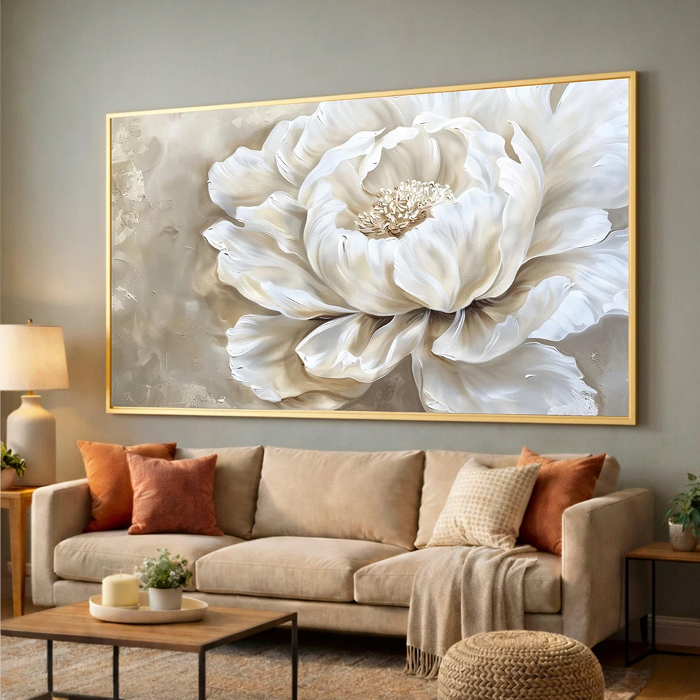 Elegant white peony canvas, soft floral wall art, neutral-toned floral decoration, print posters, home living room decor, no fra