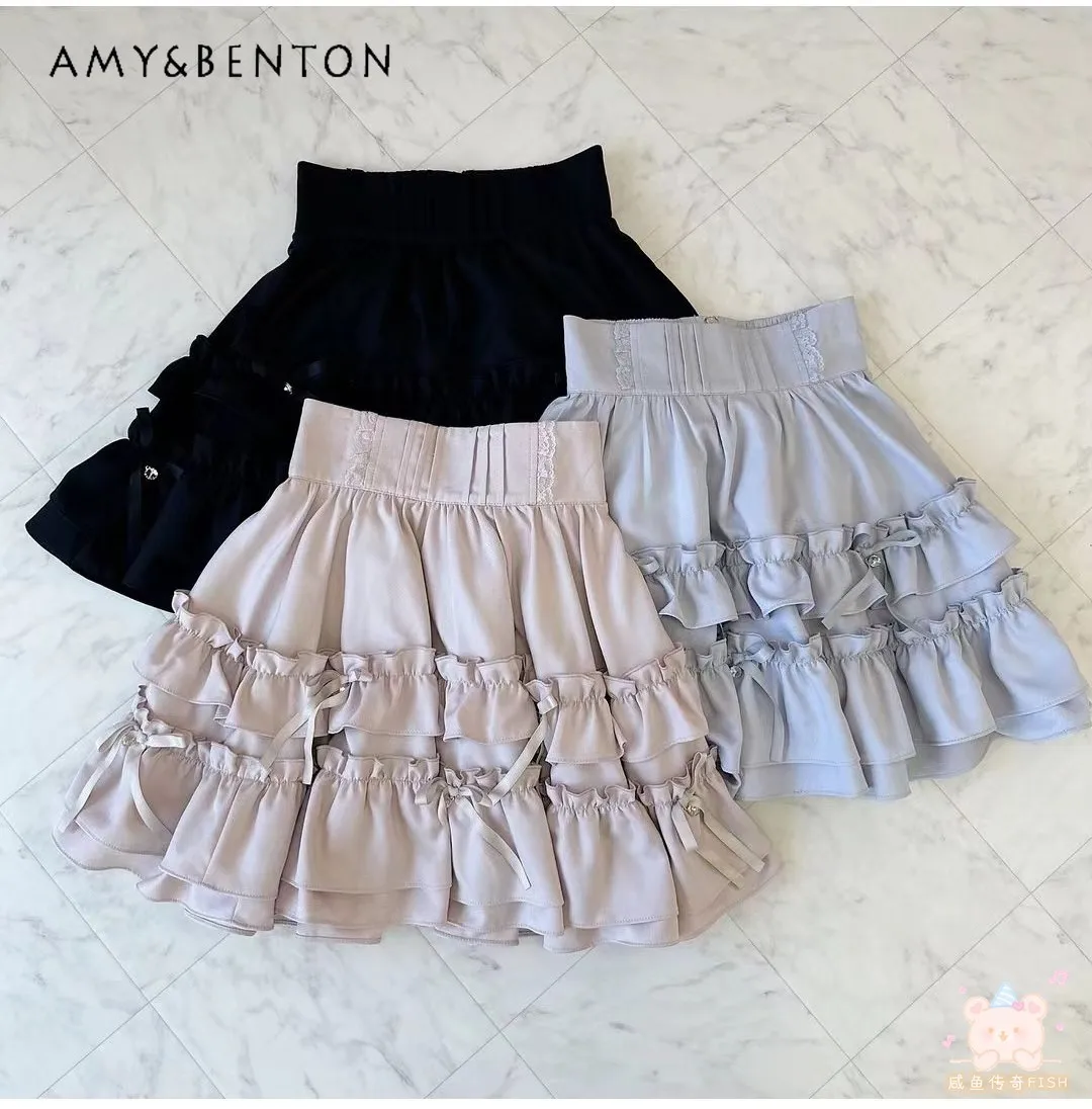 

Japanese Cute RJ New Bow Pendant Ribbon Layer Multi Layered Cake Skirt Women Mine Production All Match Sweet Lolita Mini Skirt